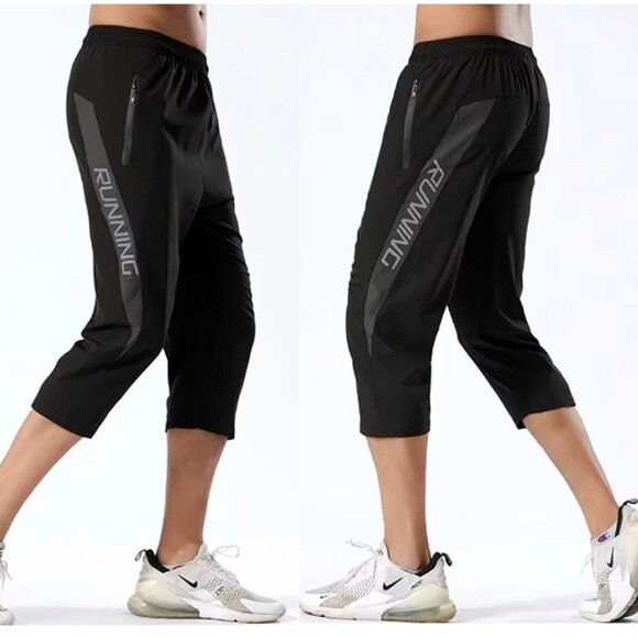 Unbranded Other - Men's Black Quick Dry Zippered Pockets Cropped Running Jogging Pants Size Small